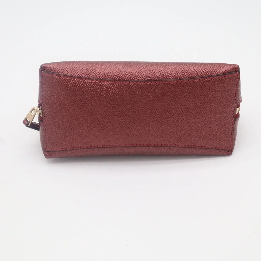 Coach Metallic Burgundy Crossgrain Leather Cosmetic Case Makeup Bag Gold Logo